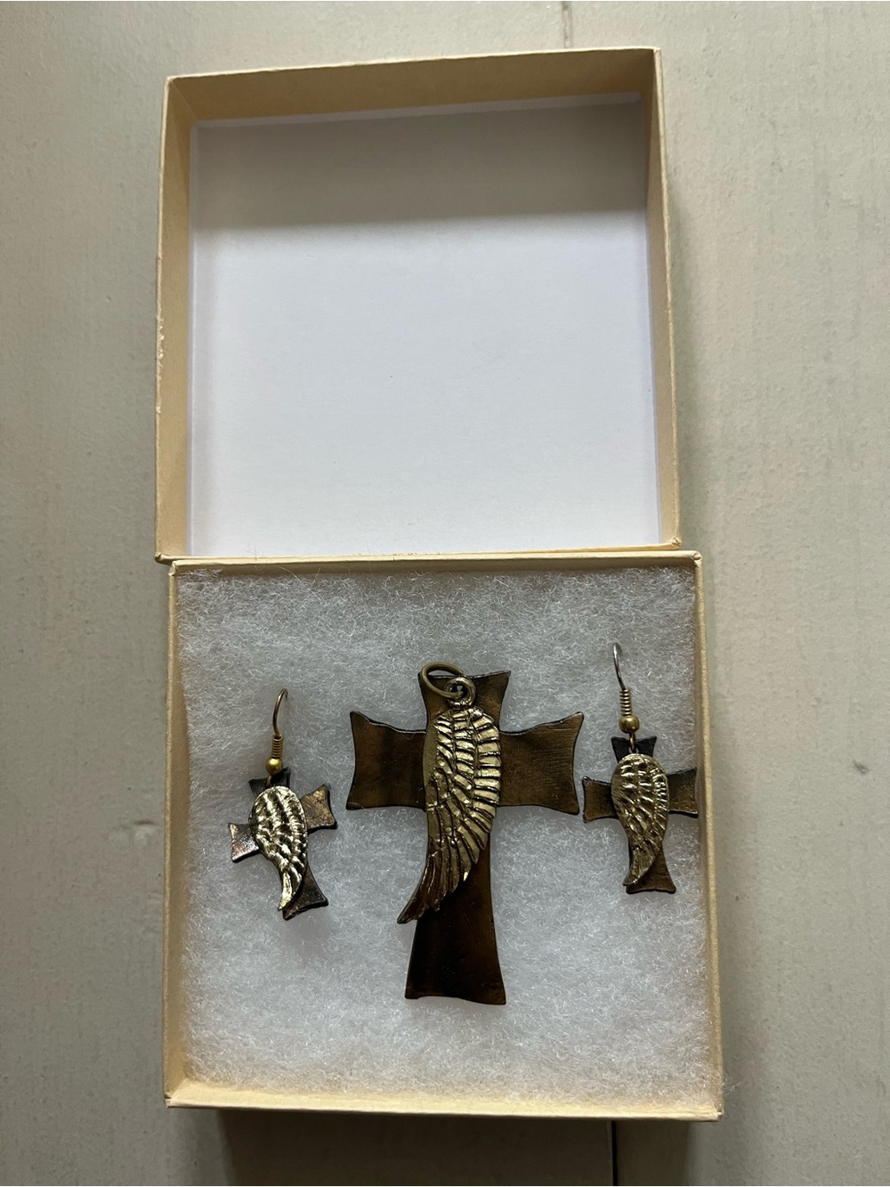 Bronze Cross Pendant and Wing Earrings Set - Bronze/Antique Gold